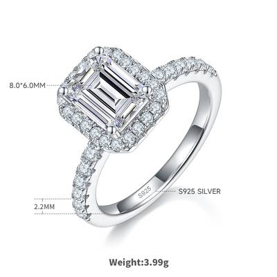Light Luxury Rectangle Moissanite Women's Wedding Ring 2.0 Carat D-Class in S925 Silver